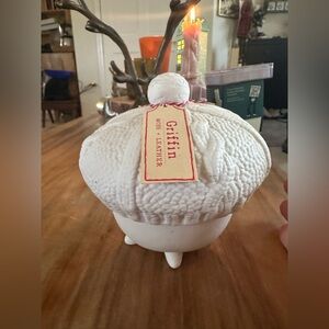 Anthropologie White bisque  winter hat lidded footed Ceramic Container candle